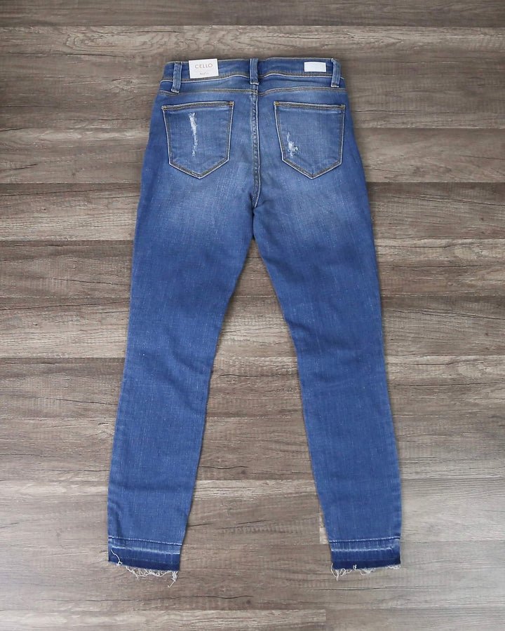 Final Sale - Cello - Mid Rise Crop Skinny with Knee Rips - Medium Wash