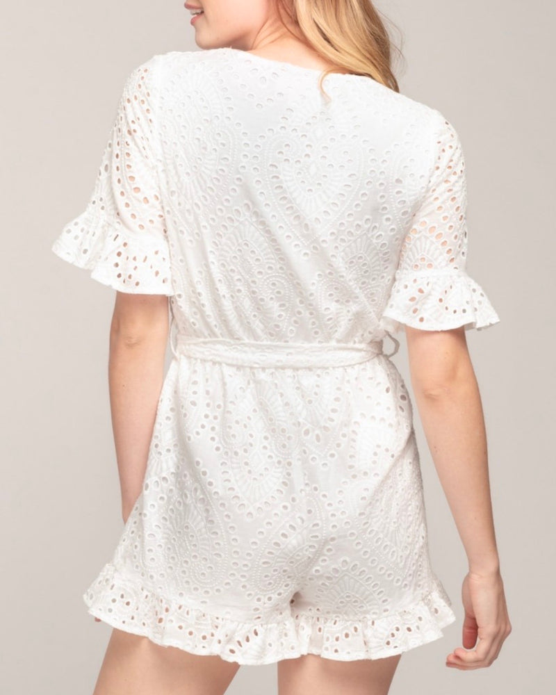 Everly - Eyelet Faux Wrap Cotton Romper with Ruffle Hem in White