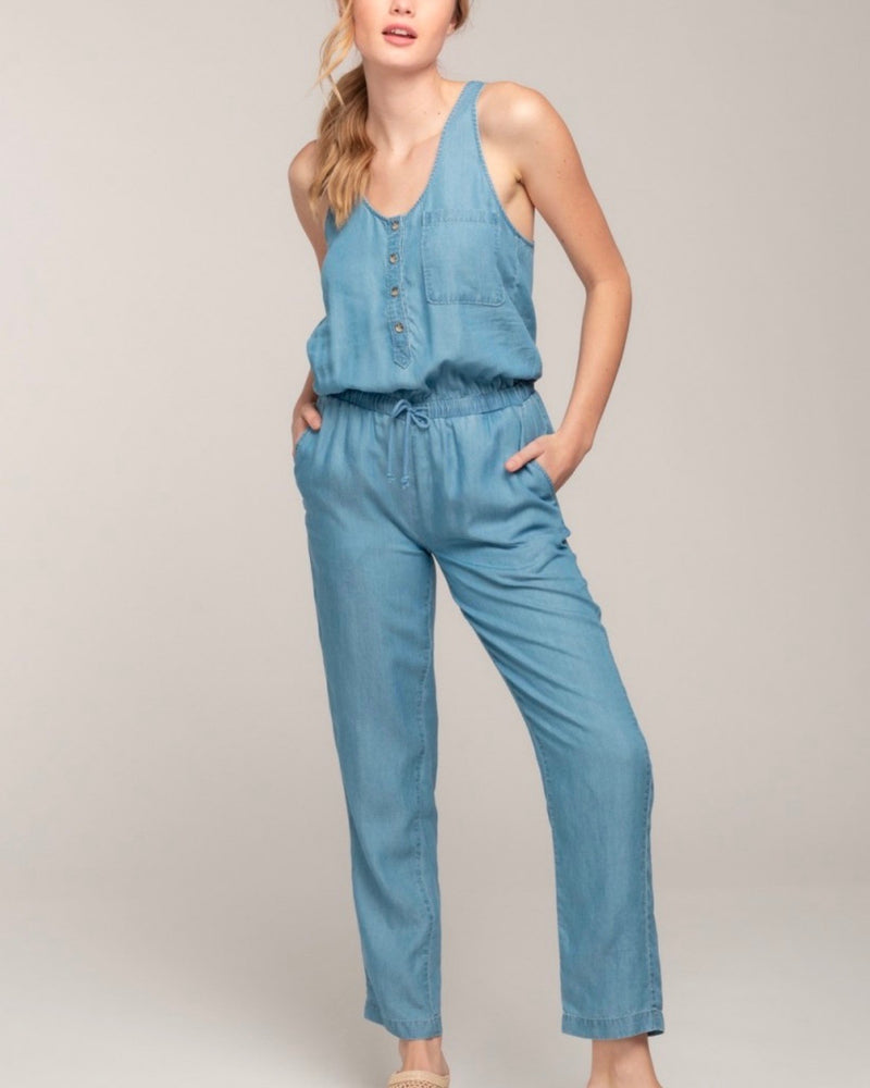 Final Sale - Everly - Soft Button Down Jumpsuit in Denim