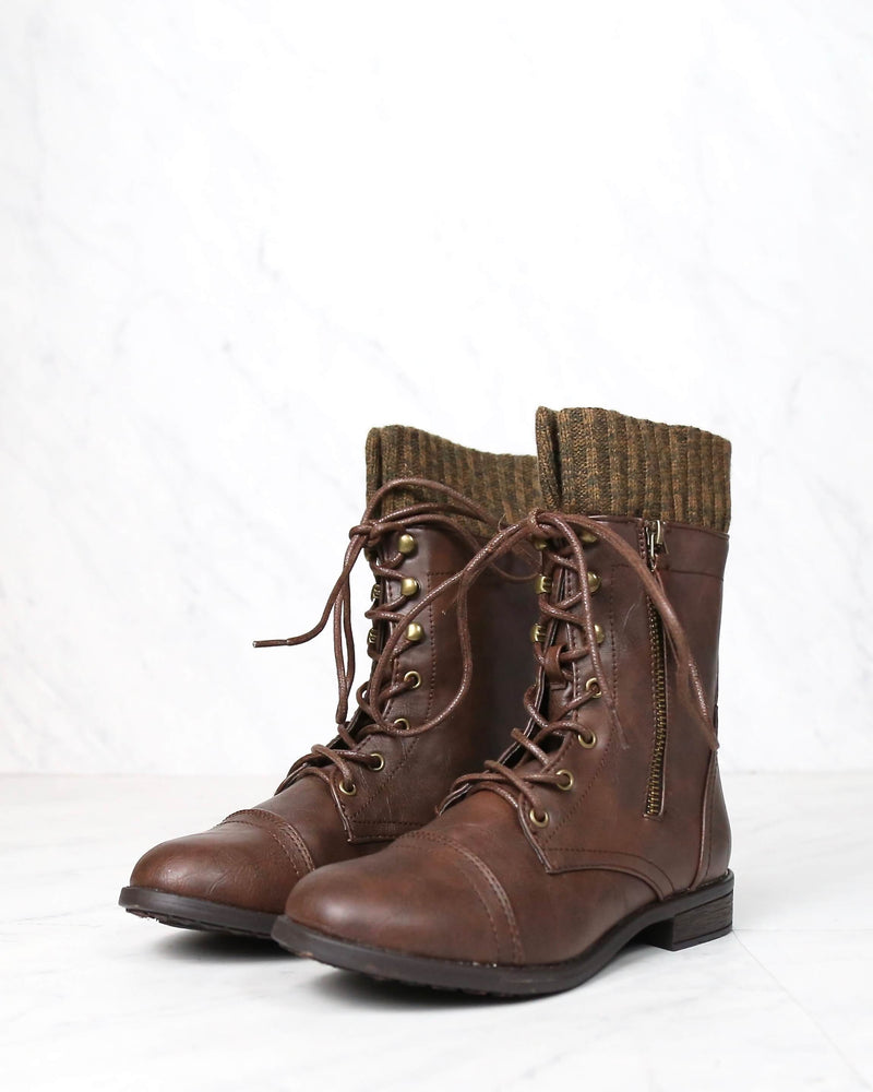 Final Sale - The Combat Sweater Cuff Mid Calf Boots in Brown