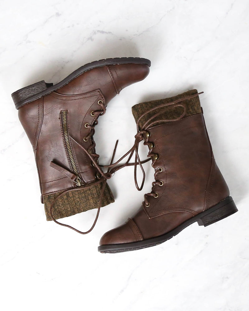 Final Sale - The Combat Sweater Cuff Mid Calf Boots in Brown