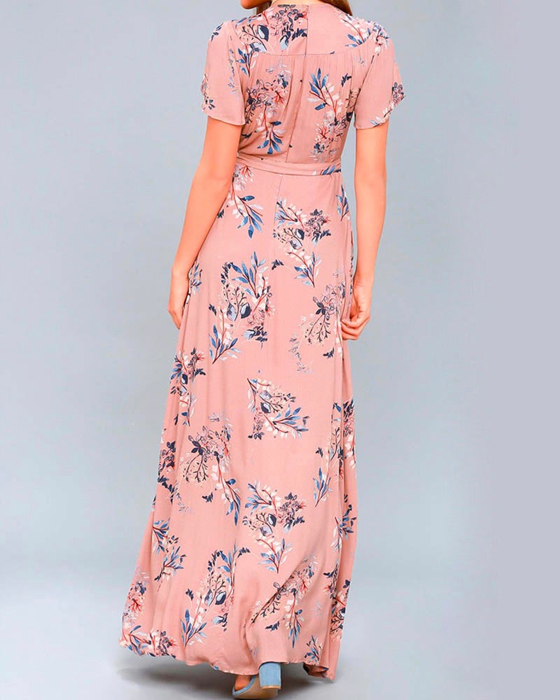 Floral Print Surplice Maxi Dress in Mauve