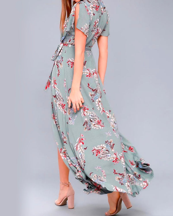 Floral Print Surplice Maxi Dress in Sage