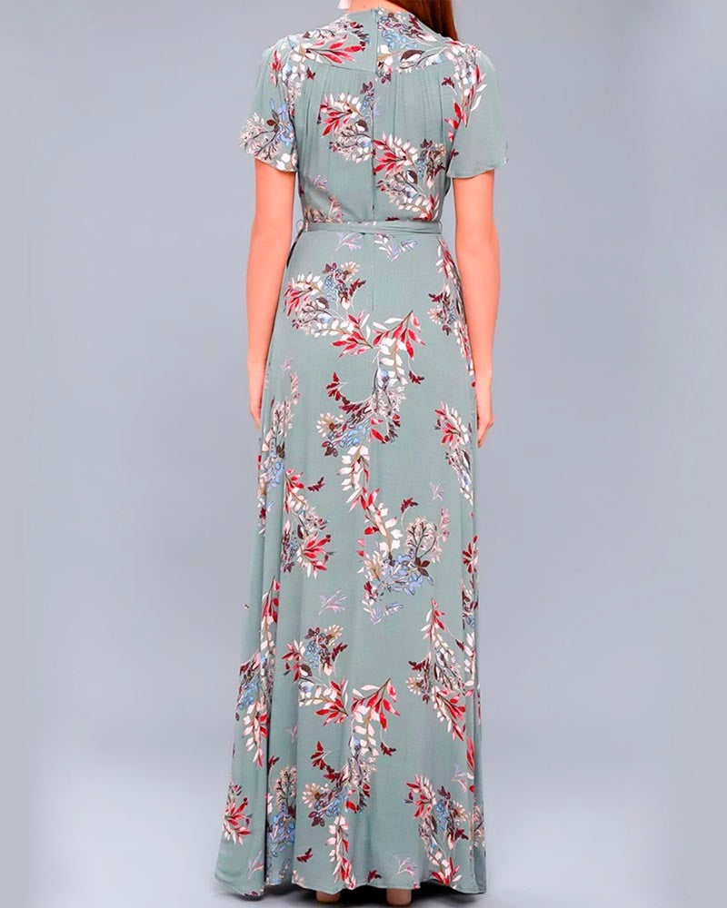 Floral Print Surplice Maxi Dress in Sage