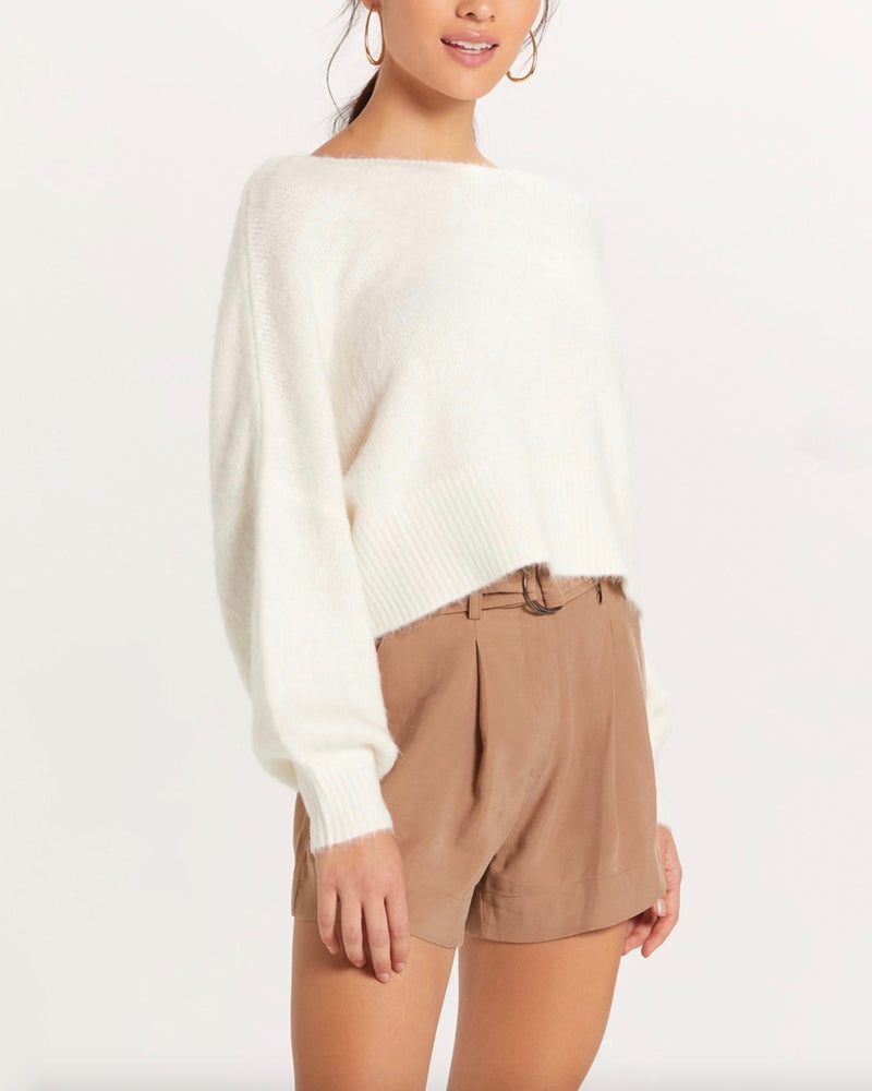 Francesca Fuzzy Knit Off The Shoulder Cropped Sweater in Ivory