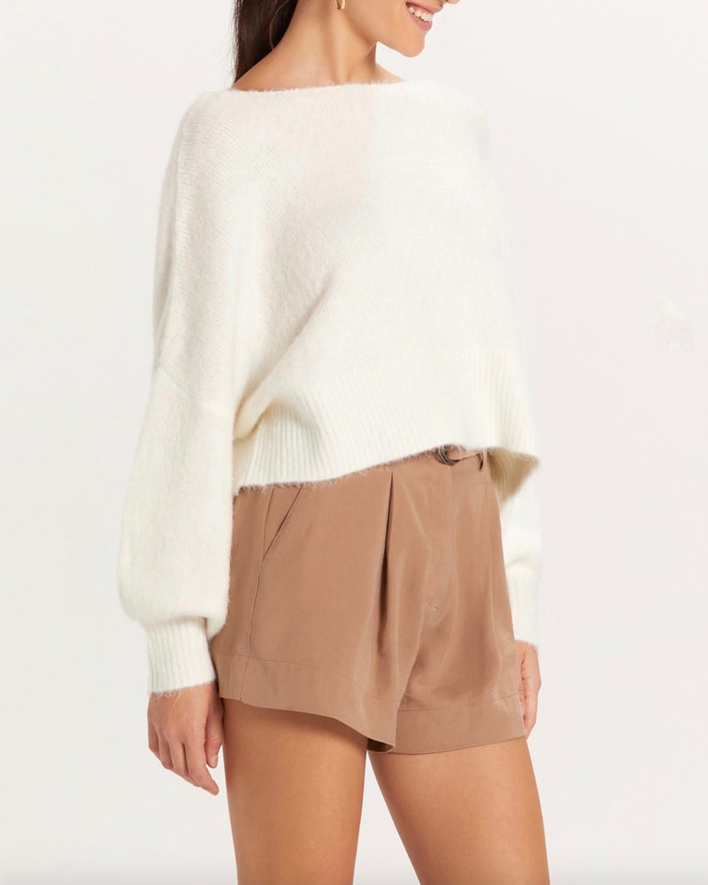 Francesca Fuzzy Knit Off The Shoulder Cropped Sweater in Ivory