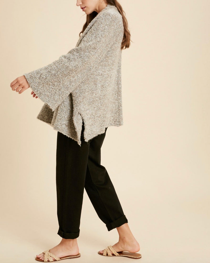 Fuzzy Open Front Kimono Knit Cardigan in Taupe Combo