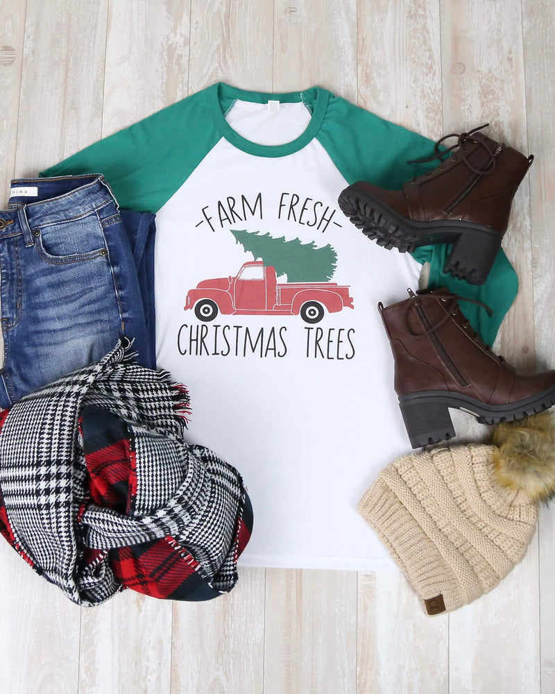 Distracted T Shirt - Farm Fresh Christmas Trees Quarter Sleeve Baseball Tee