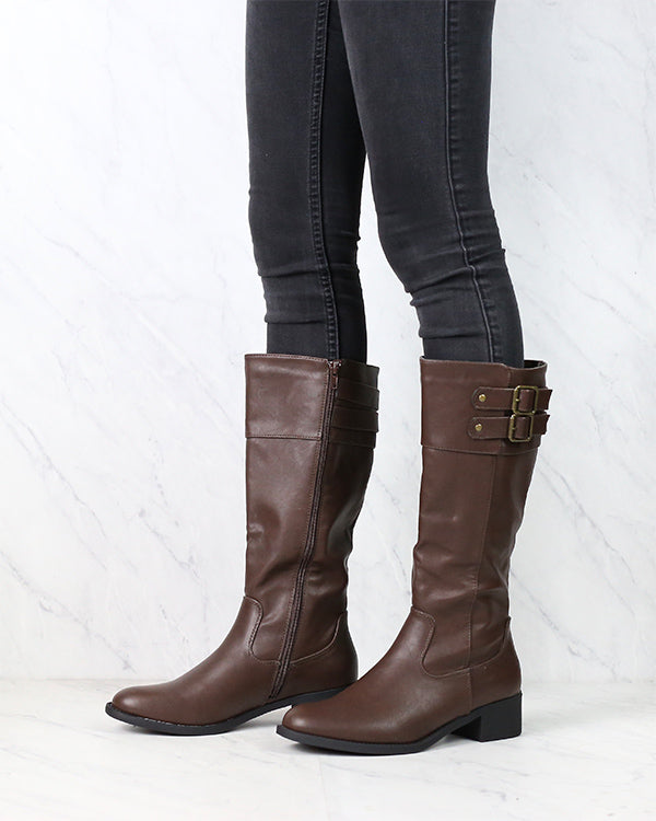 Faux Leather Knee High Riding Boots - Dark Brown