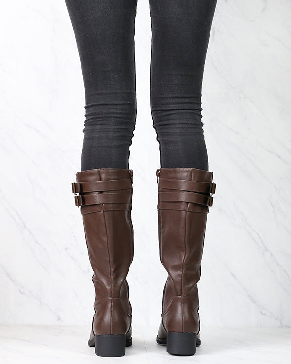 Faux Leather Knee High Riding Boots - Dark Brown
