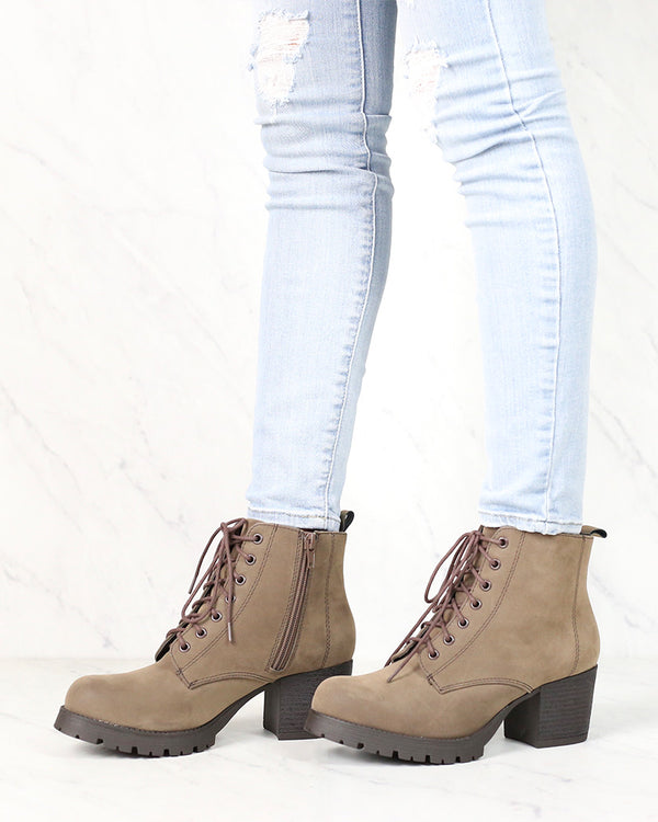 Faux Nubuck Leather Lace Up Chunky Heel Combat Boots in Brown