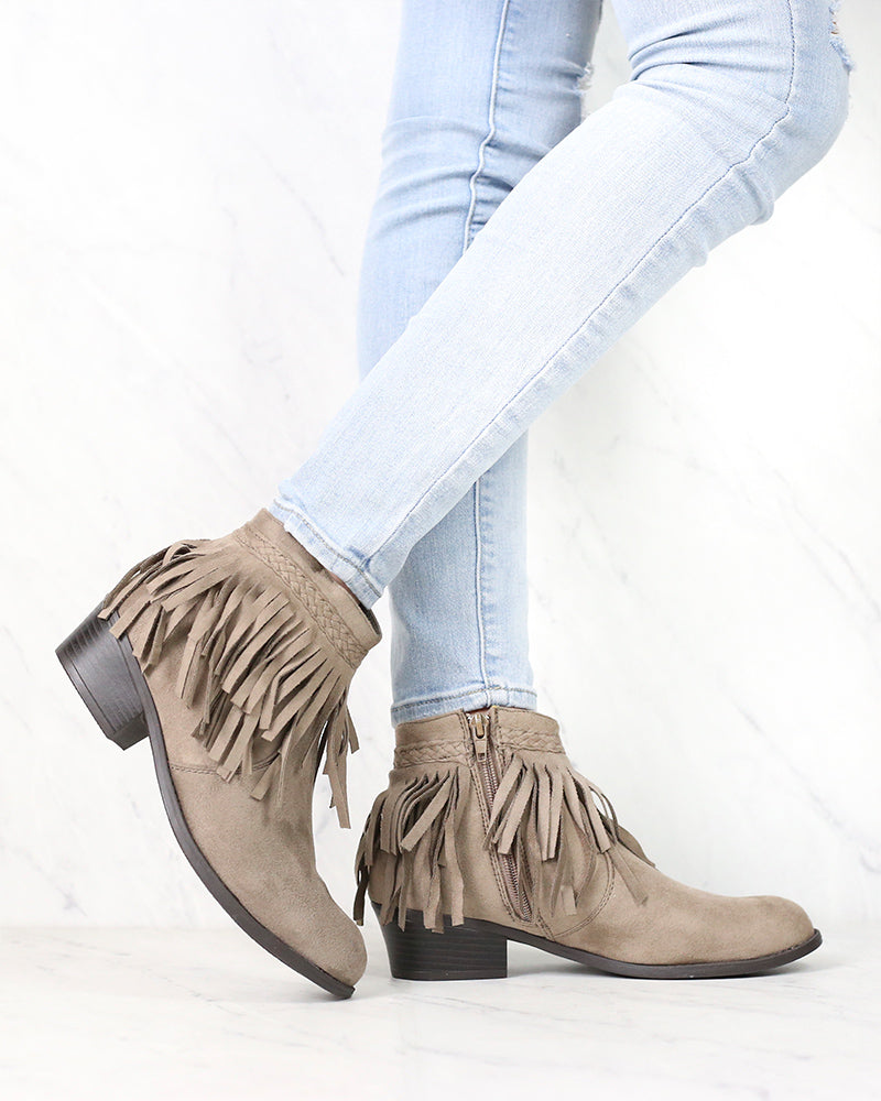Faux Suede Fringe Western Inspired Boho Ankle Booties in Taupe