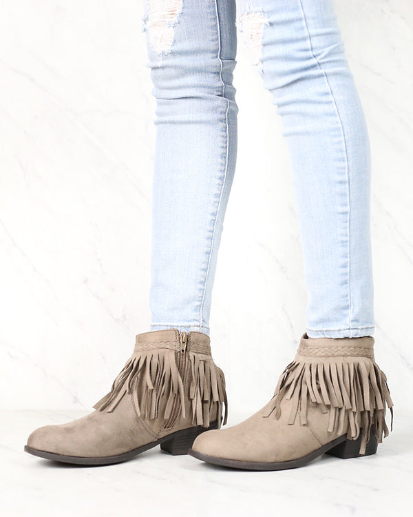 Faux Suede Fringe Western Inspired Boho Ankle Booties in Taupe