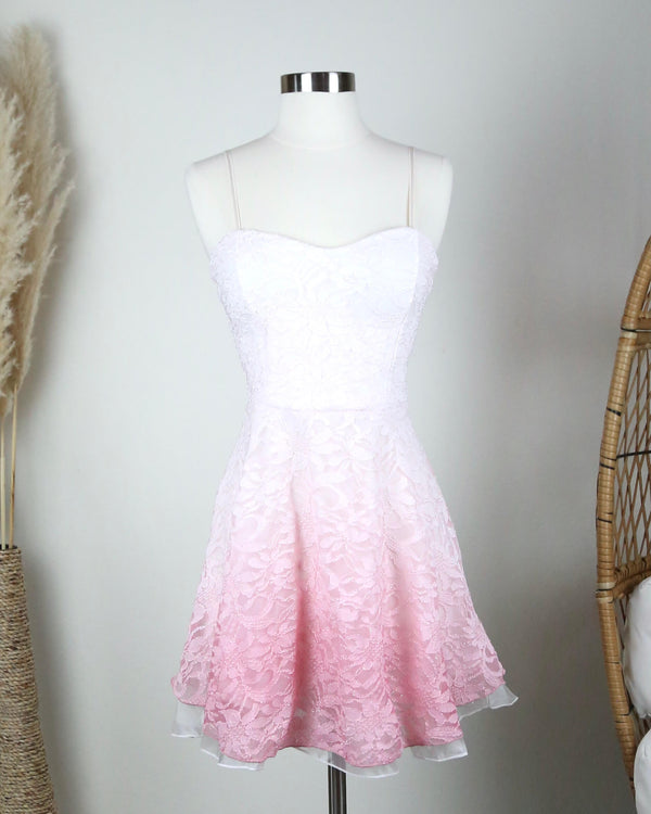 Final Sale - Glits & Glams Lacy Floral Dip Dye Fit and Flare Dress in Pink
