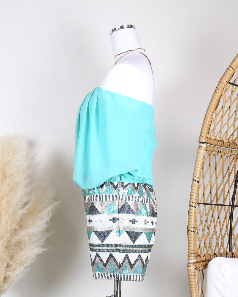Final Sale - Strapless Aztec Sequin Romper in Turquoise