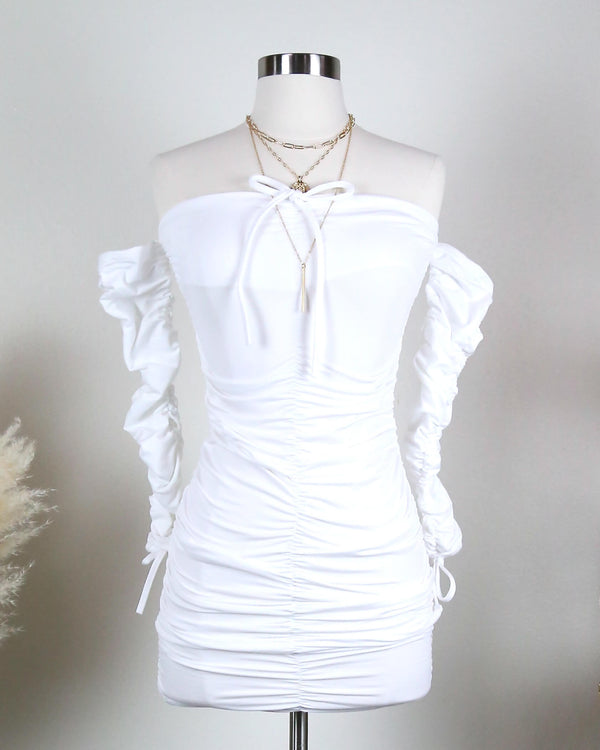 fleece lined - ruched - mini dress - longsleeve - open shoulder - adjustable drawstrings - white