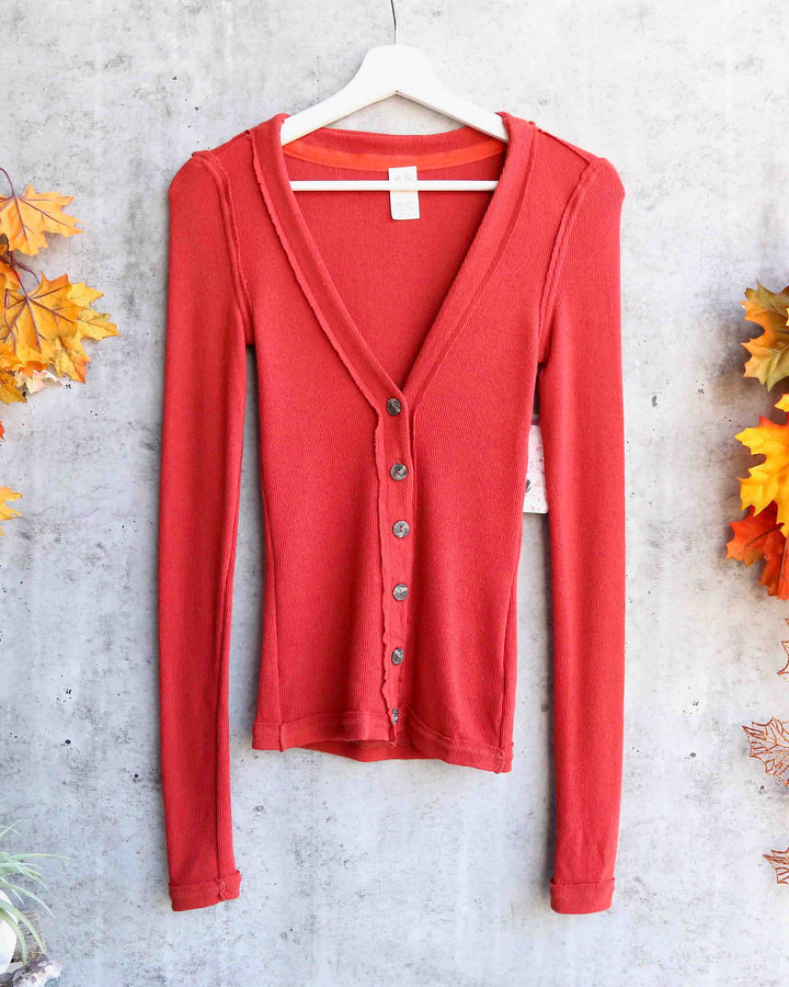 Free People - Call Me Cardi Fitted Button Down Cardigan Top - Red