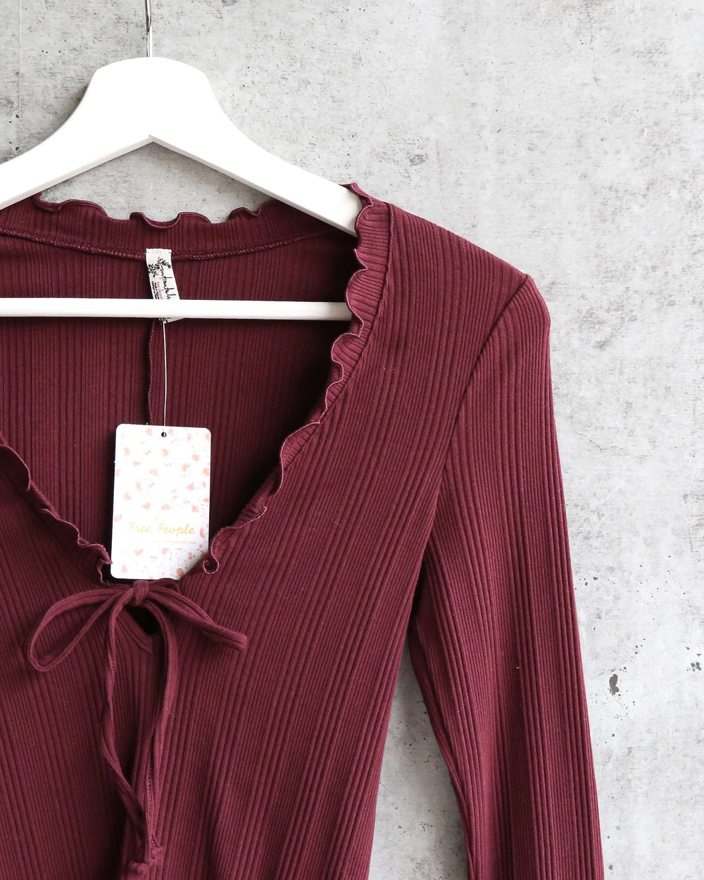 Free People Fall for You Plum stretch-jersey top, plum, close-up of neckline and tie
