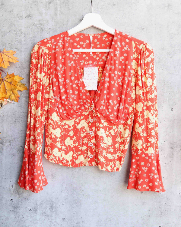 Free People - Lady Bohemian Button Front Floral Printed Blouse - Red