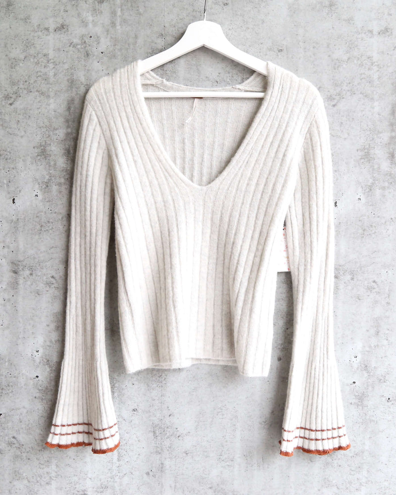 Free People - May Morning Wool Blend Ribbed Striped Flutted Bell Sleeve Sweater - Neutral