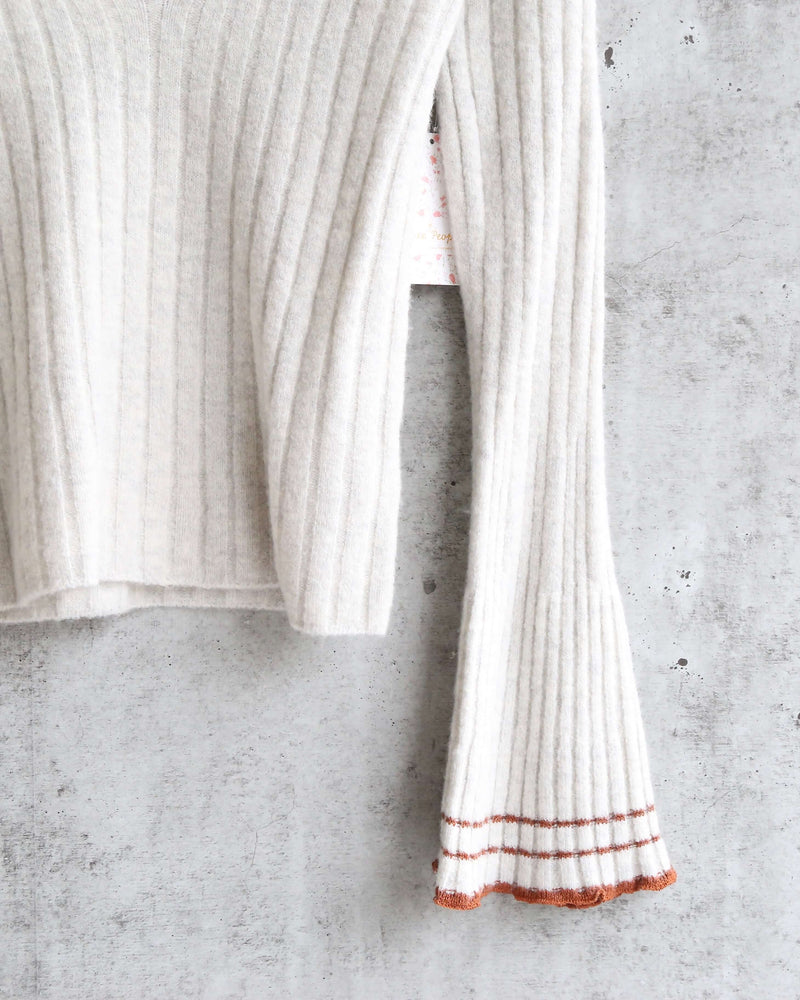 Free People - May Morning Wool Blend Ribbed Striped Flutted Bell Sleeve Sweater - Neutral