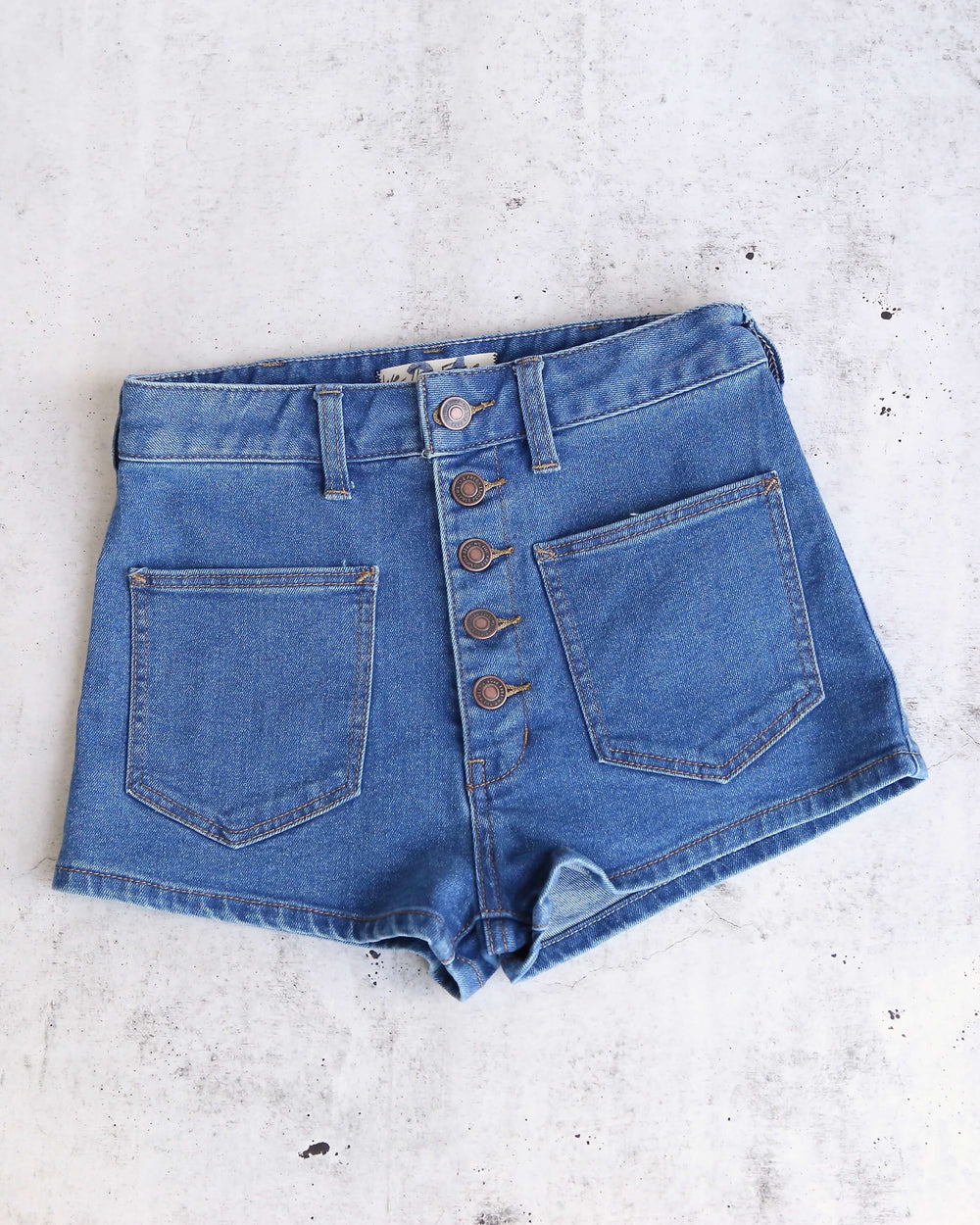 Free People Bridgette Denim Short Shorts in Pacific Indigo Blue - front view | ShopHearts