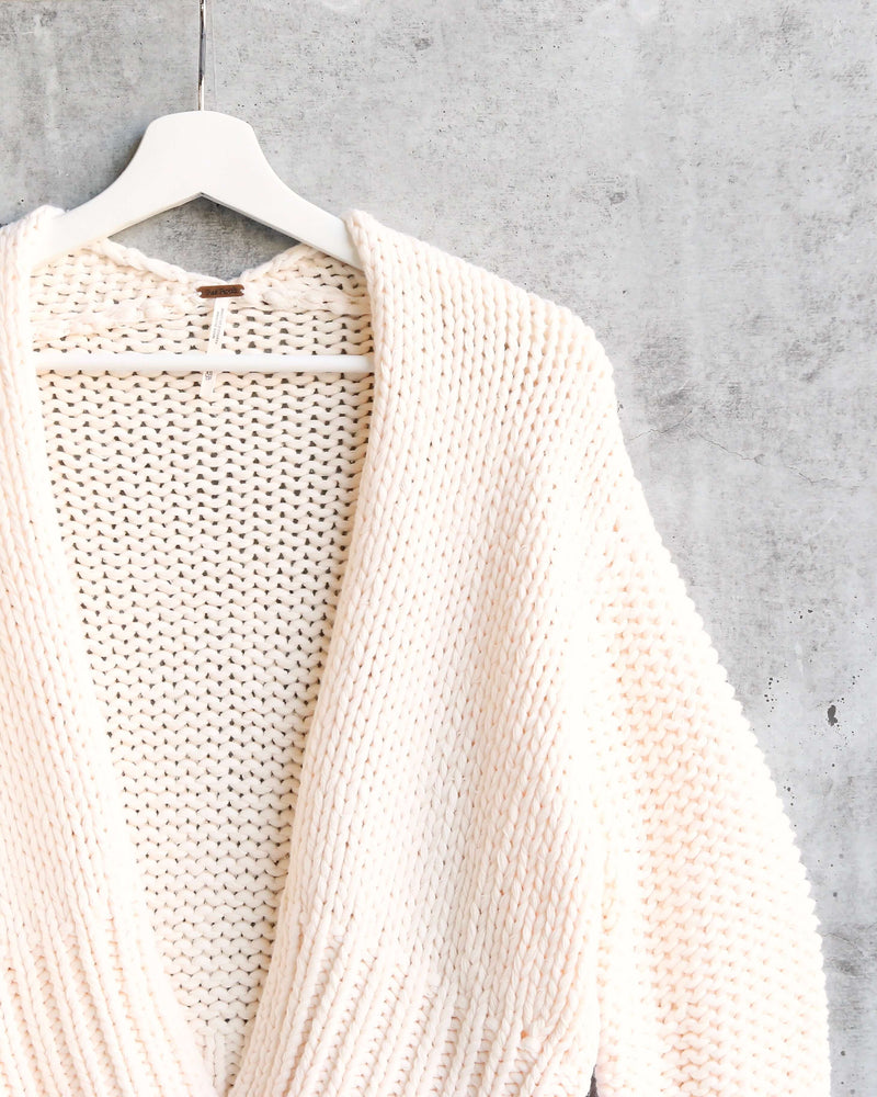 Free People Glow For It Chunky Knit Open Front Ribbed Hem Cardi in Ivory