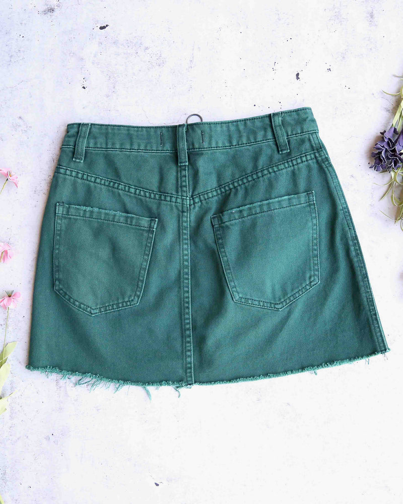 Free People - Front Zip It Up Denim Mini Skirt With Frayed Hem in Wilderness Green