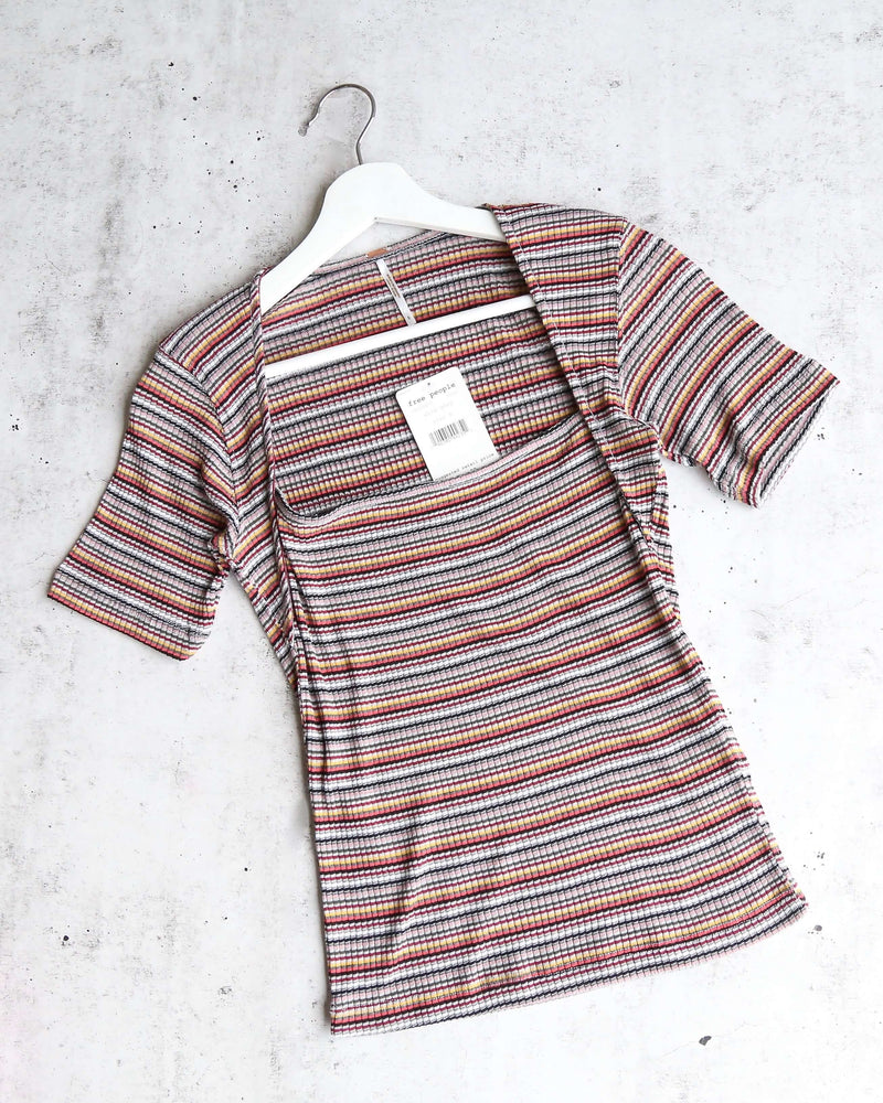 Free People Striped Wild Square Neck Retro Inspired Tee in Grey