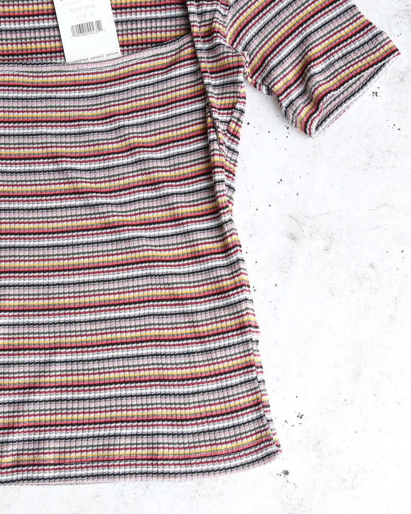 Free People Striped Wild Square Neck Retro Inspired Tee in Grey