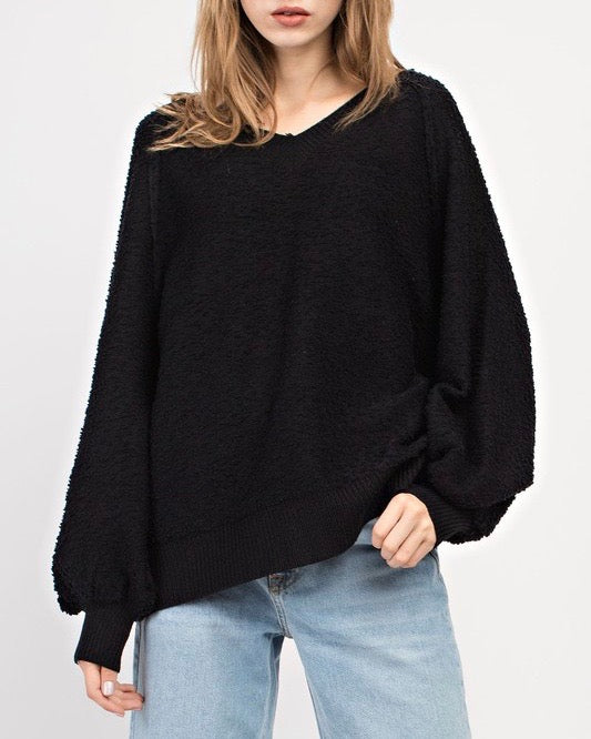 Fuzzy V-Neck Bubble Sleeve Sweater - Black