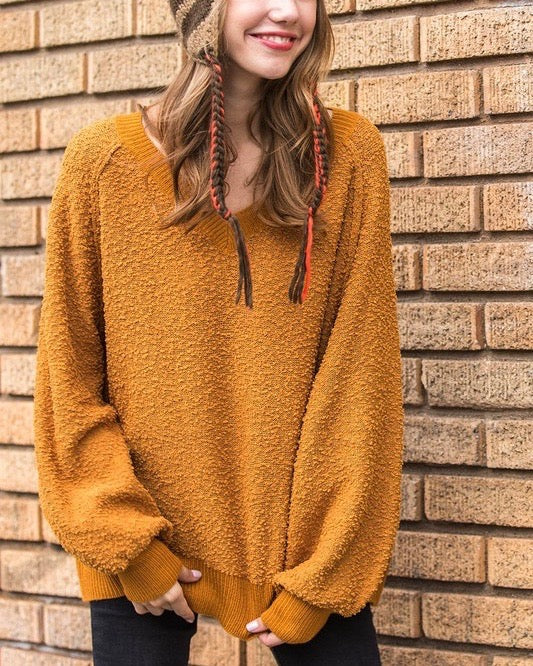 Fuzzy V-Neck Bubble Sleeve Sweater - Mustard