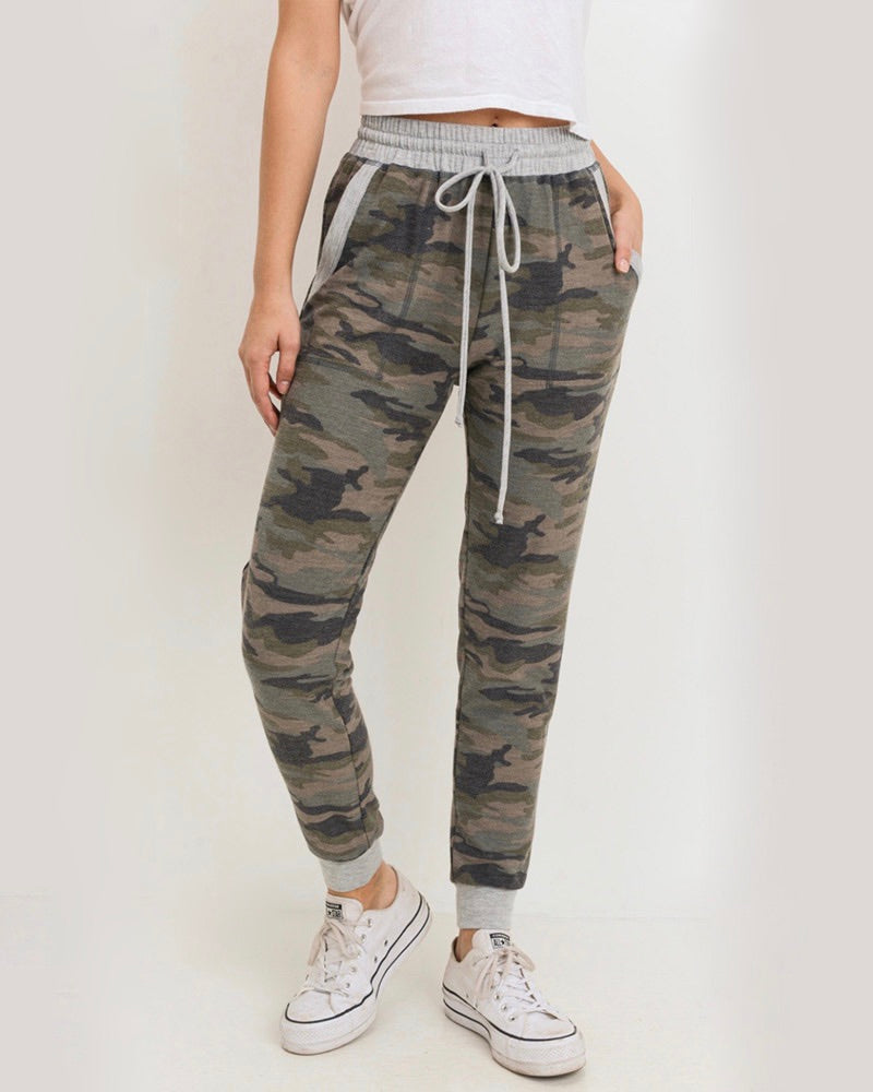 Camo Print Joggers with Elasticized Drawstring Waist in Green/Grey