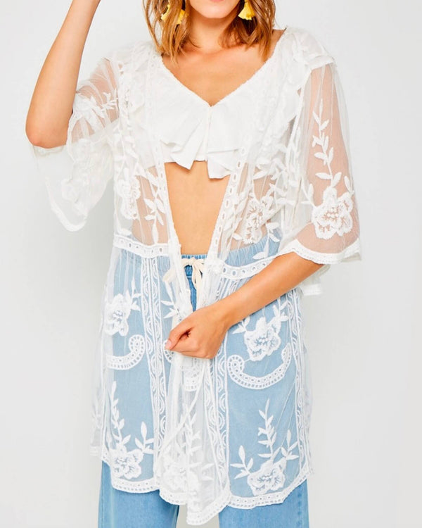 Sheer Lace Tie Front Kimono in Off White