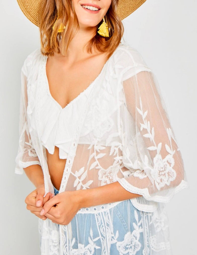 Sheer Lace Tie Front Kimono in Off White