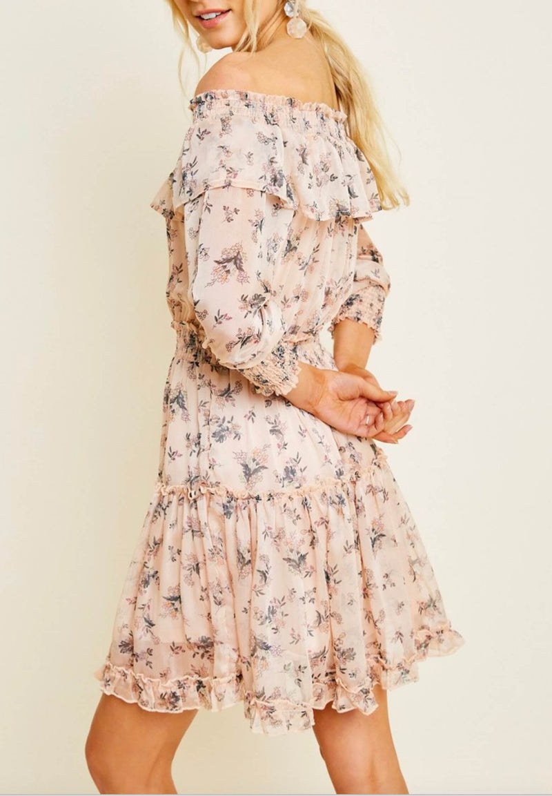 Sweet Talk Floral Off the Shoulder Mini Dress in Blush