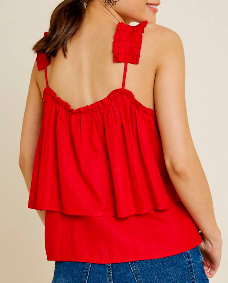 Strangers Tiered Pleated Strap Tank Top in Red
