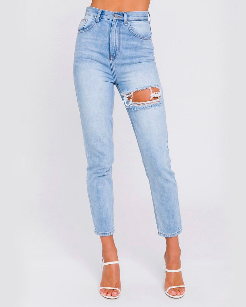 Heather High Waisted Distressed Mom Jeans in Denim