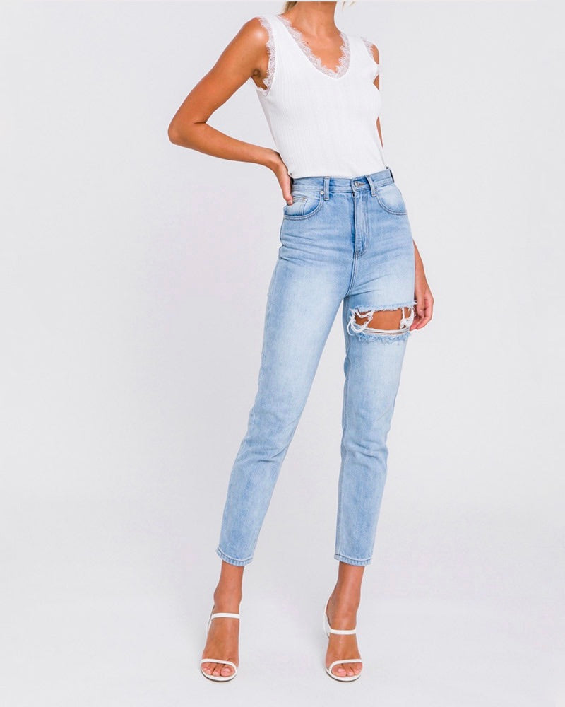 Heather High Waisted Distressed Mom Jeans in Denim