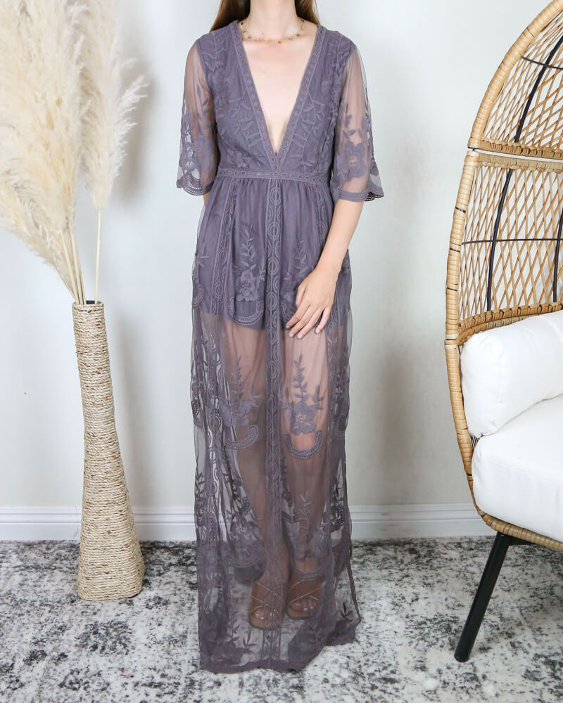 honey punch - embroidered - lace - maxi dress - v neck - short sleeve - midnight