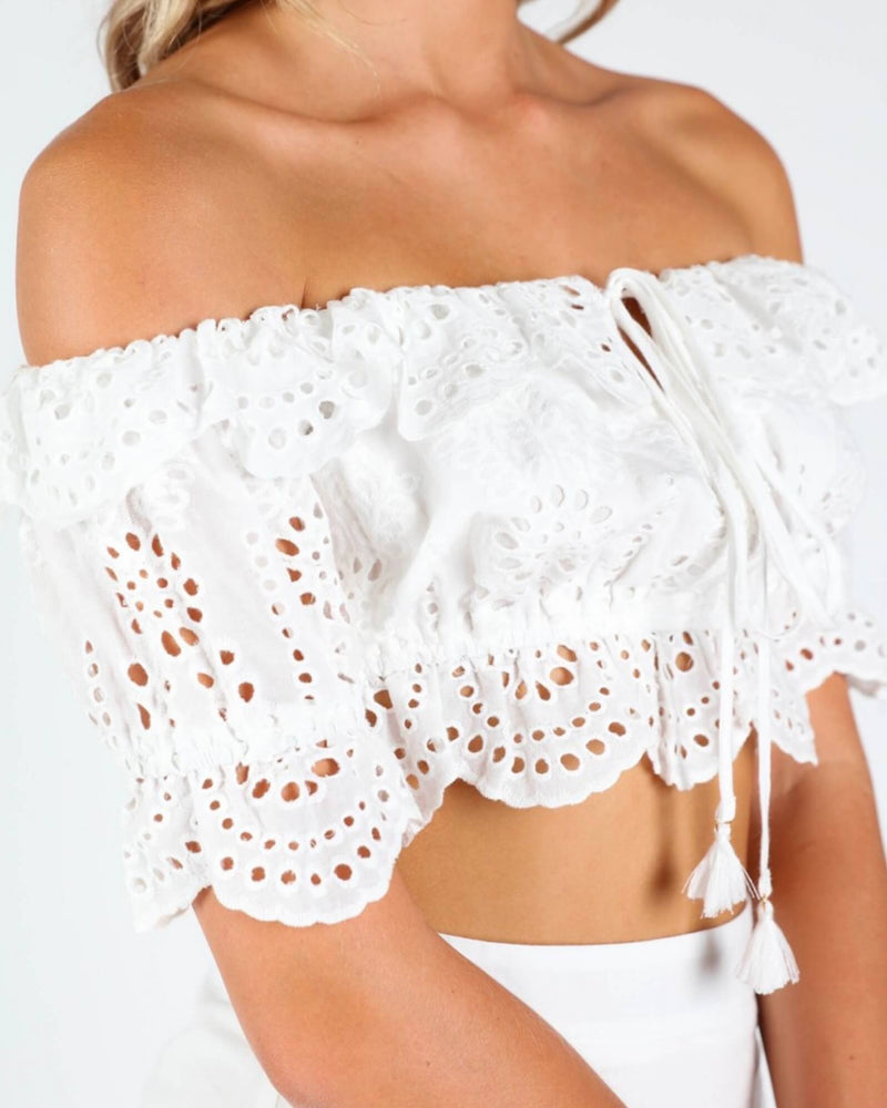 Honey Punch - Eyelet Off-The-Shoulder Crop Top in White