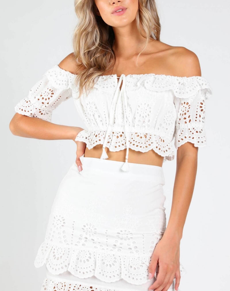Honey Punch - Eyelet Off-The-Shoulder Crop Top in White