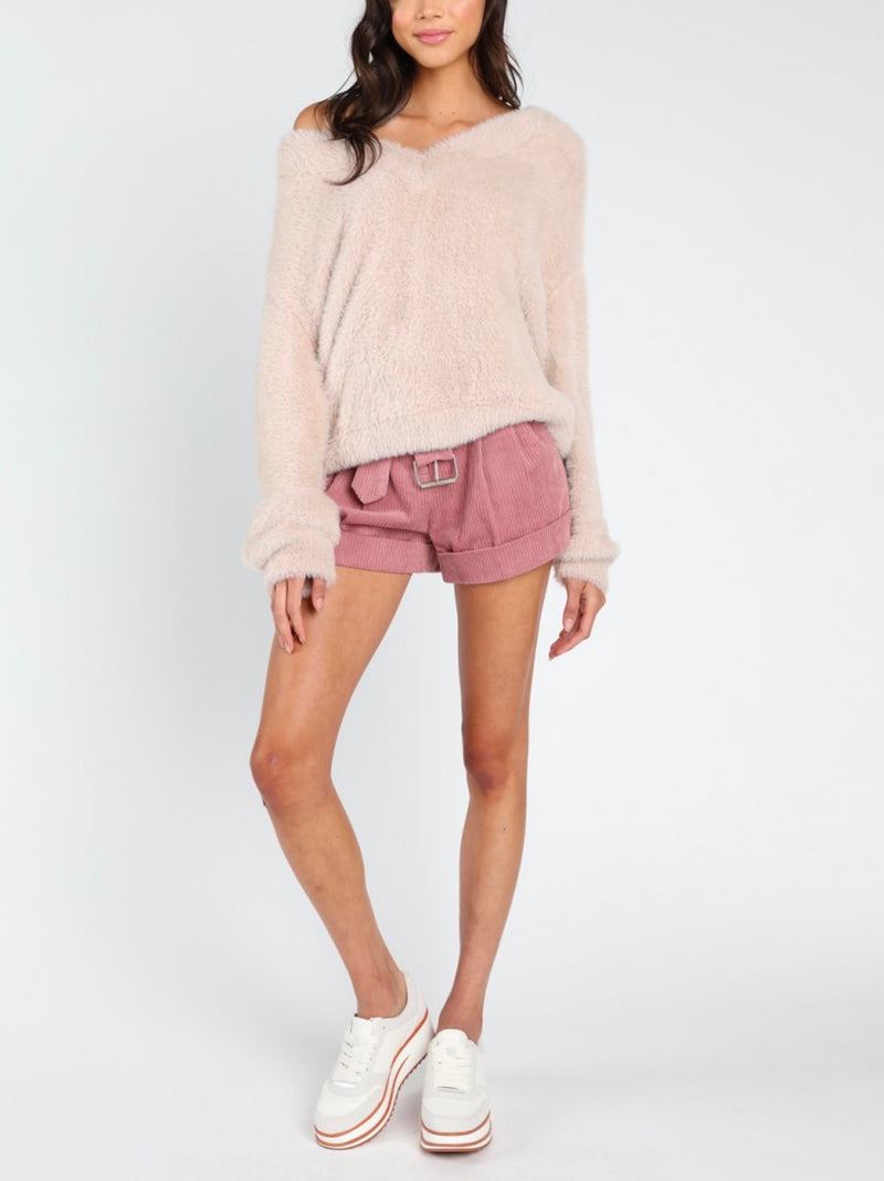 Final Sale - Honey Punch - Luna Off the Shoulder Fuzzy Sweater - Taupe
