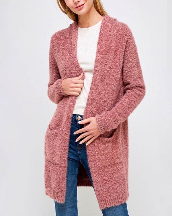Fur Wonderland Hooded Fuzzy Longline Cardigan with Pockets - Marsala