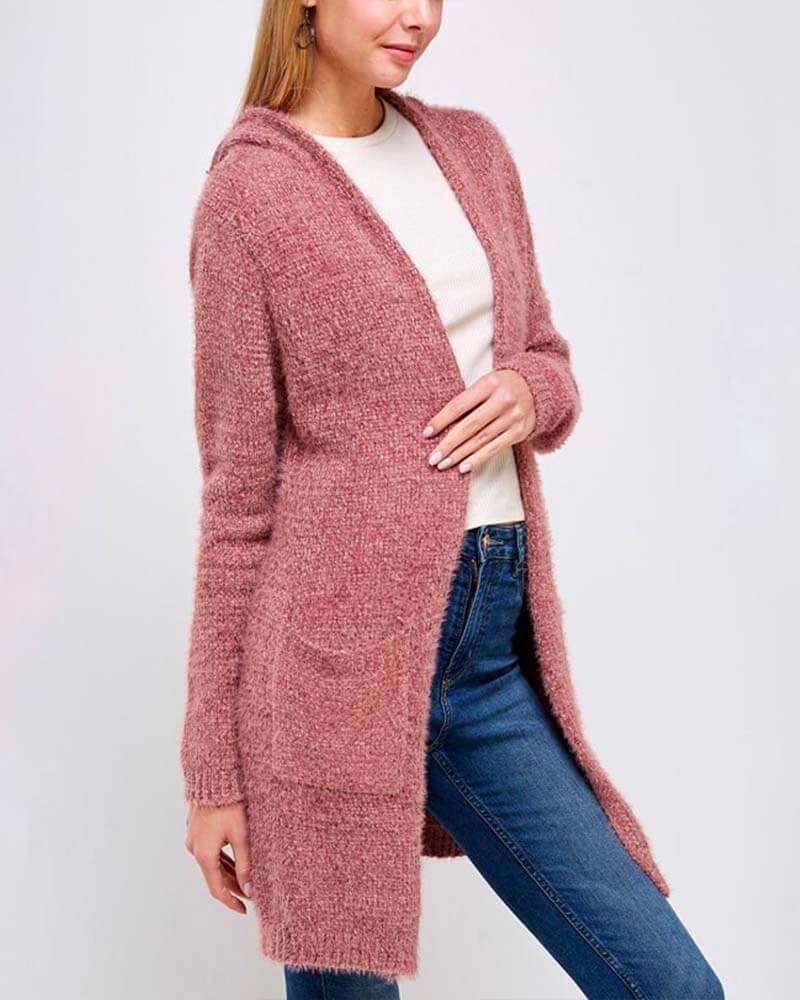 Fur Wonderland Hooded Fuzzy Longline Cardigan with Pockets - Marsala