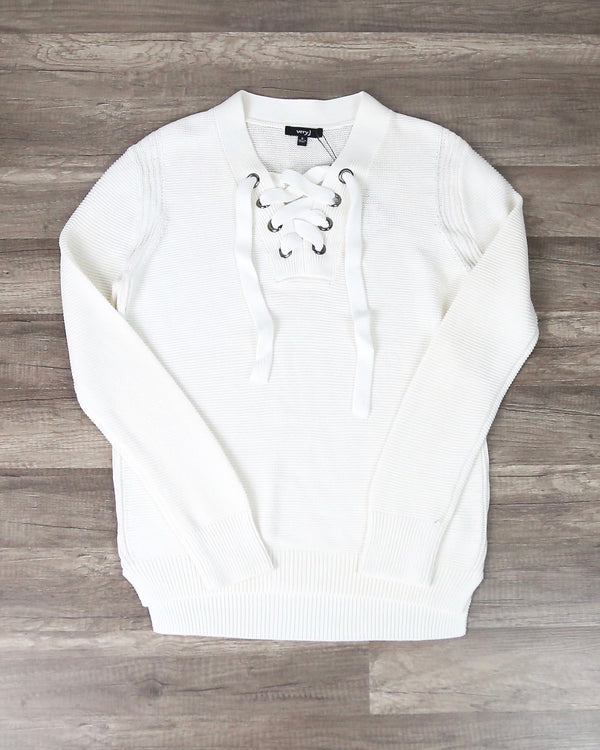 Lace Up V-Neck Sweater in Cream