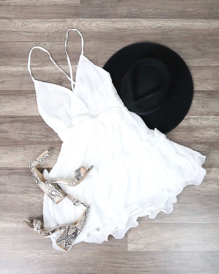 Sabrina Sleeveless Ruffle Trim Criss Cross Dress in White