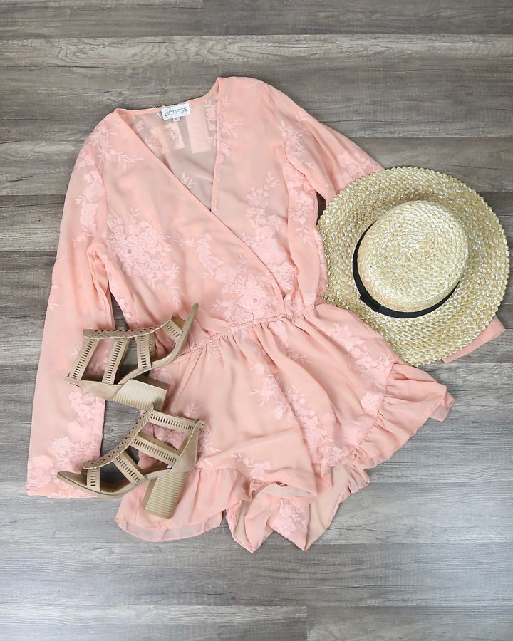 Final Sale - LIONESS - Gauze Embroidered Surplice Romper with Ruffle Hem -Blush