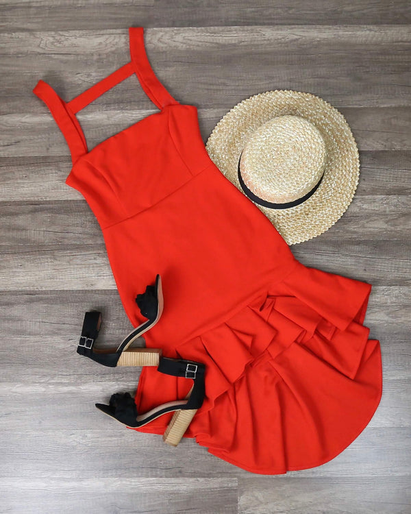 Square Neck Bodycon Frilled High Low Hem Dress in Red