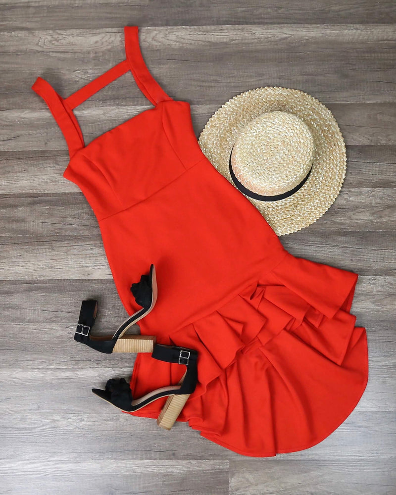 Square Neck Bodycon Frilled High Low Hem Dress in Red